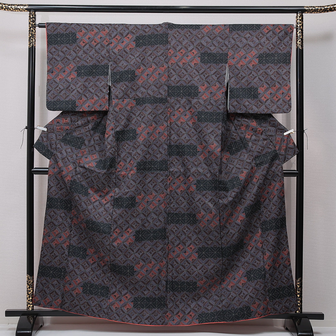 小紋 洗える着物 袷 身丈159cm 裄丈64cm ポリエステル Sランク Mサイズ 広衿 インフォーマル 格子 多色系 1215-15486