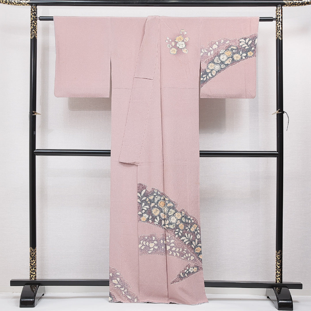 訪問着 袷 身丈164cm 裄丈64cm 正絹 Cランク セミフォーマル 広衿 Lサイズ 梅 可憐 落ち着き ピンク系 RP 1217-15523