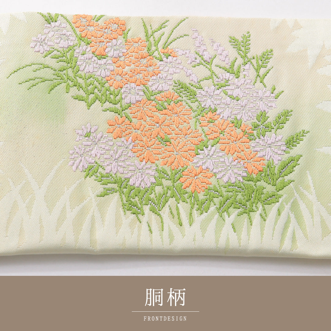 九寸名古屋帯 帯丈344cm カジュアル 名古屋仕立て ポイント柄 Cランク 正絹 菊 緑系 1224-03766