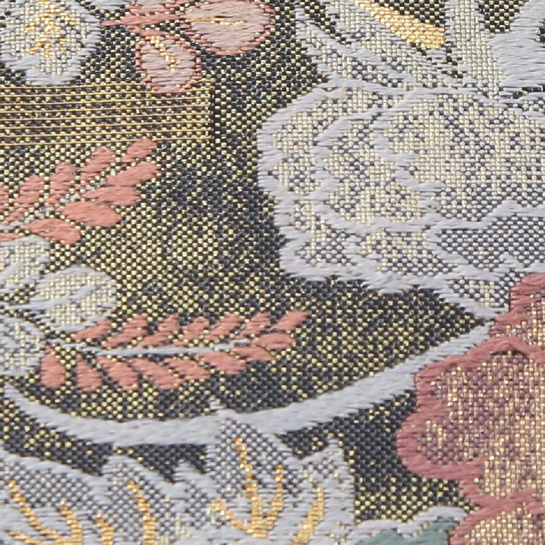 袋帯 帯丈428cm 彩華御車文 フォーマル 全通 Sランク 正絹 源氏車 菊 松 金系 黒系 1223-02329