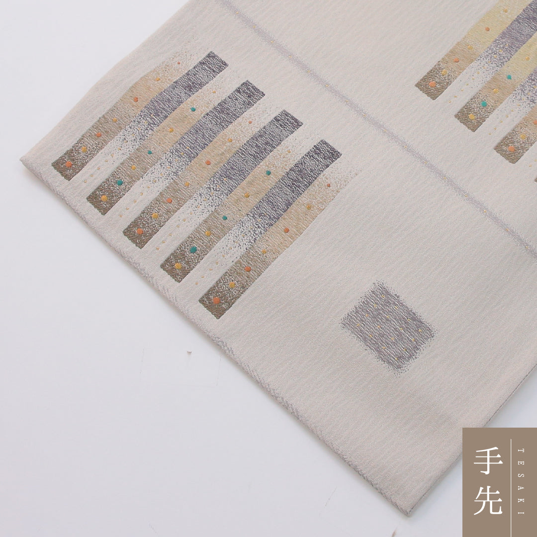 袋帯 帯丈456cm インフォーマル 六通 Aランク 正絹 創作柄 クリーム系 1223-02334