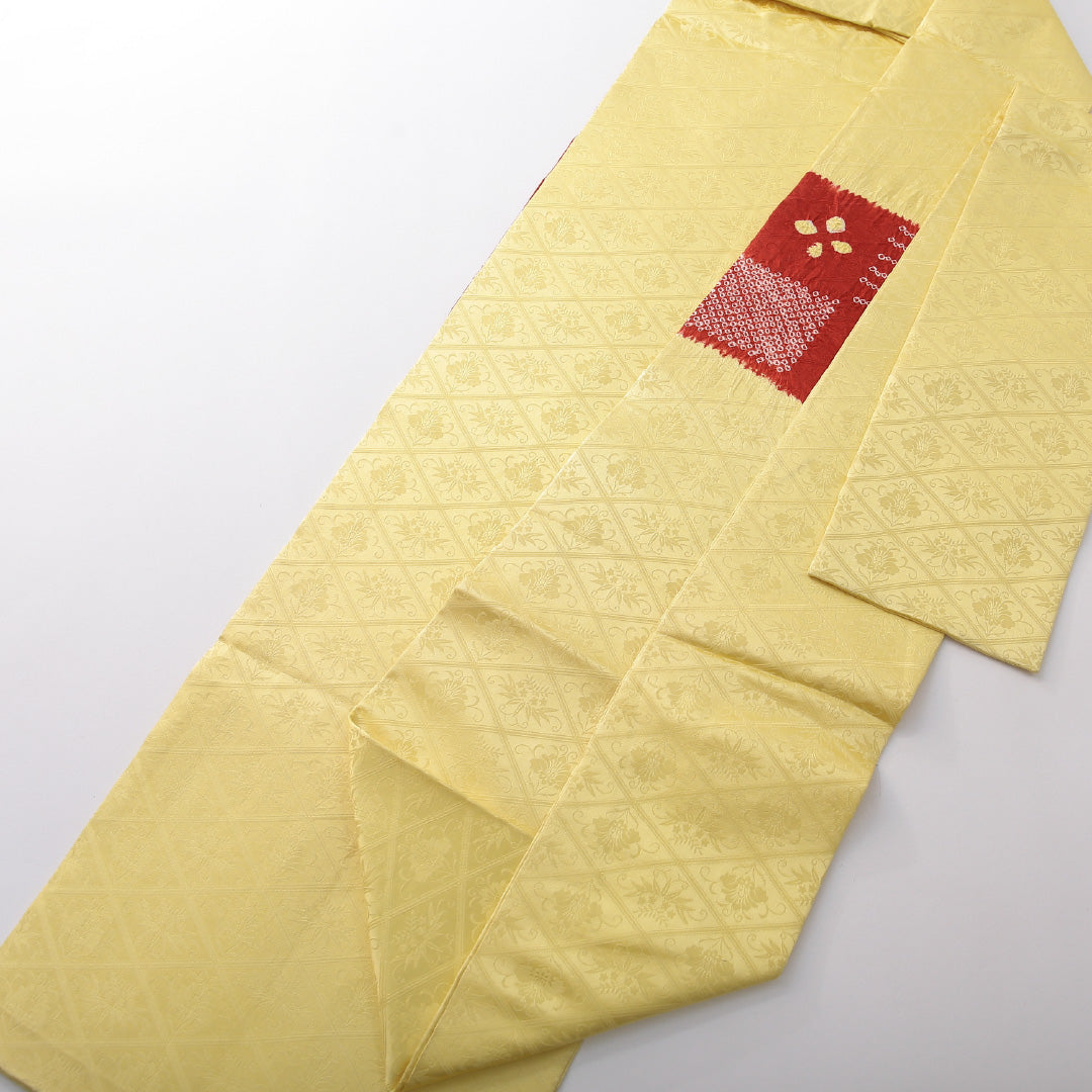 九寸名古屋帯 帯丈351cm カジュアル 名古屋仕立て ポイント柄 Cランク 正絹 染め帯 創作柄 黄系 1224-03763
