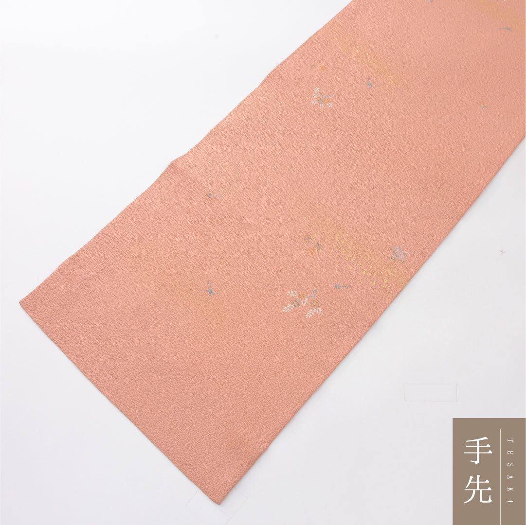 九寸名古屋帯 Aランク 帯丈336cm 正絹 全通 開き仕立て 染め インフォーマル ちりめん 花柄 朱の混ざったピンク系 RP 1245-04106