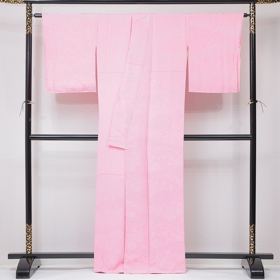 色無地 袷 身丈163cm 裄丈65cm 正絹 Aランク Lサイズ 広衿 インフォーマル 紋意匠 市松 無地 ピンク系 1214-15115