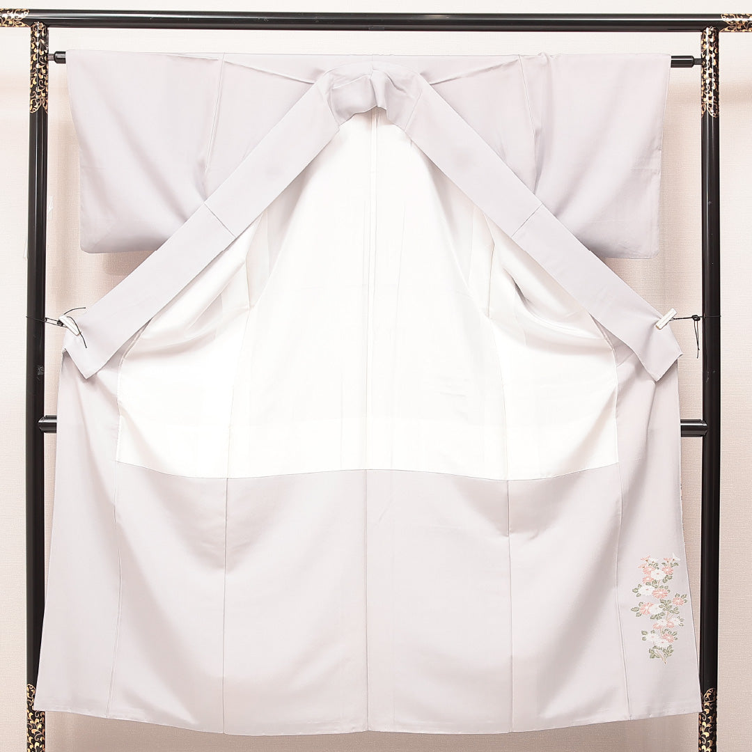 訪問着 袷 身丈150cm 裄丈62cm 正絹 Sランク Sサイズ 広衿 一つ紋（丸に九曜） セミフォーマル 小槌 吉祥文様 金駒刺繍 グレー系 1212-16878