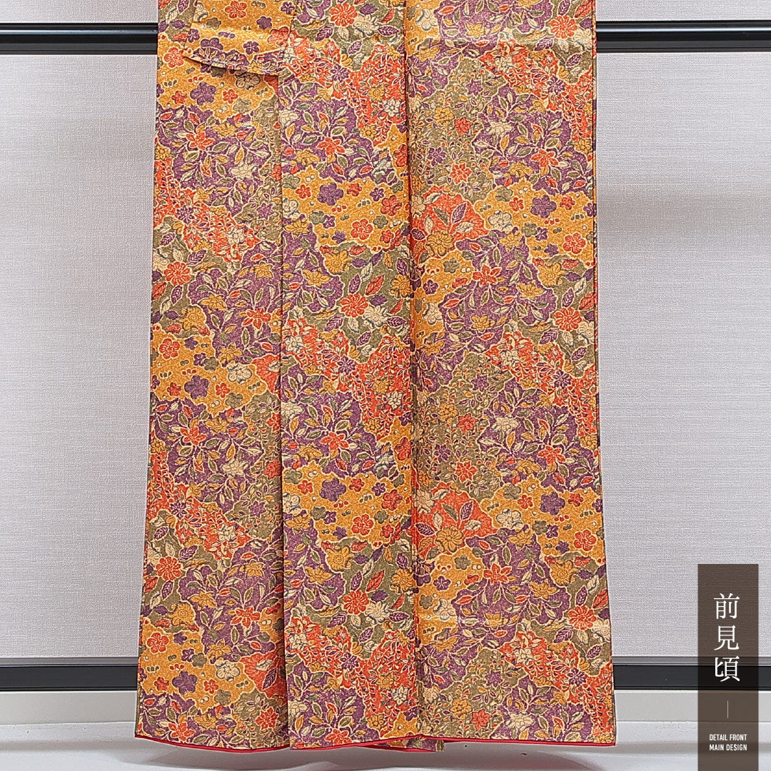 洗える着物 小紋 袷 身丈160cm 裄丈63cm ポリエステル Sランク インフォーマル 広衿 Lサイズ 菊 椿 黄系 RP 1221-16371