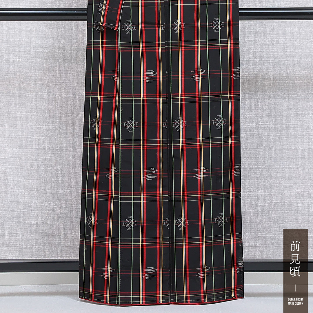 小紋 洗える着物 袷 身丈161cm 裄丈64cm ポリエステル Cランク Lサイズ バチ衿 インフォーマル 格子 黒系 1215-16370