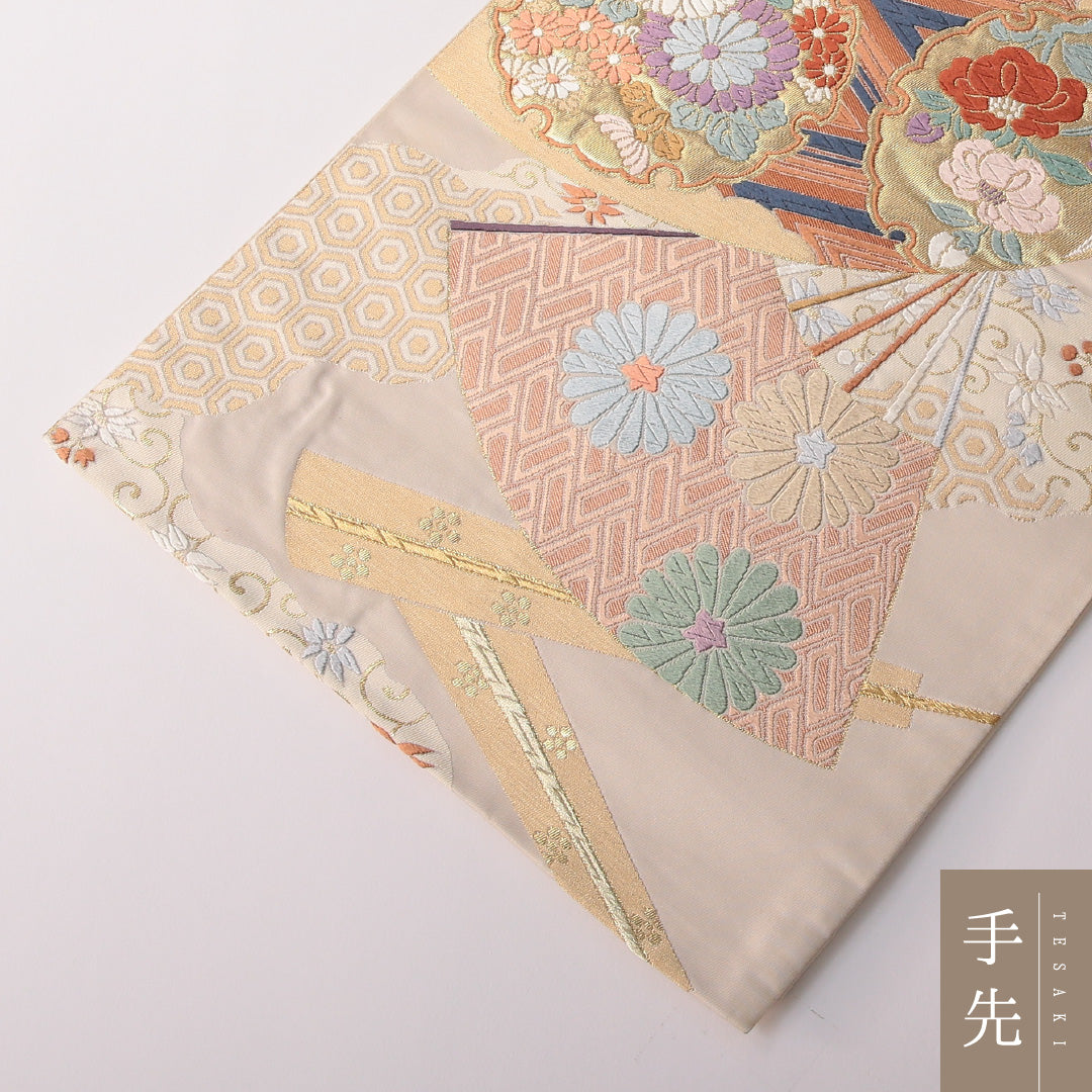 袋帯 帯丈428cm 正絹 六通 フォーマル 扇面文 古典柄 クリーム系 1243-01807