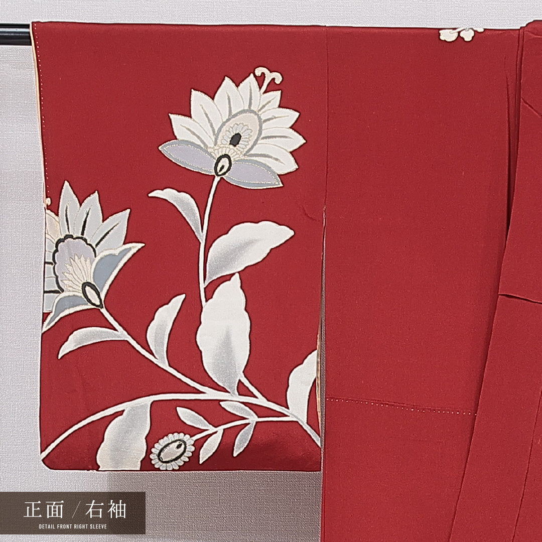 付下げ 袷 身丈156cm 裄丈63cm 正絹 Sランク インフォーマル バチ衿 Mサイズ 植物柄 赤系 RP 1218-15507