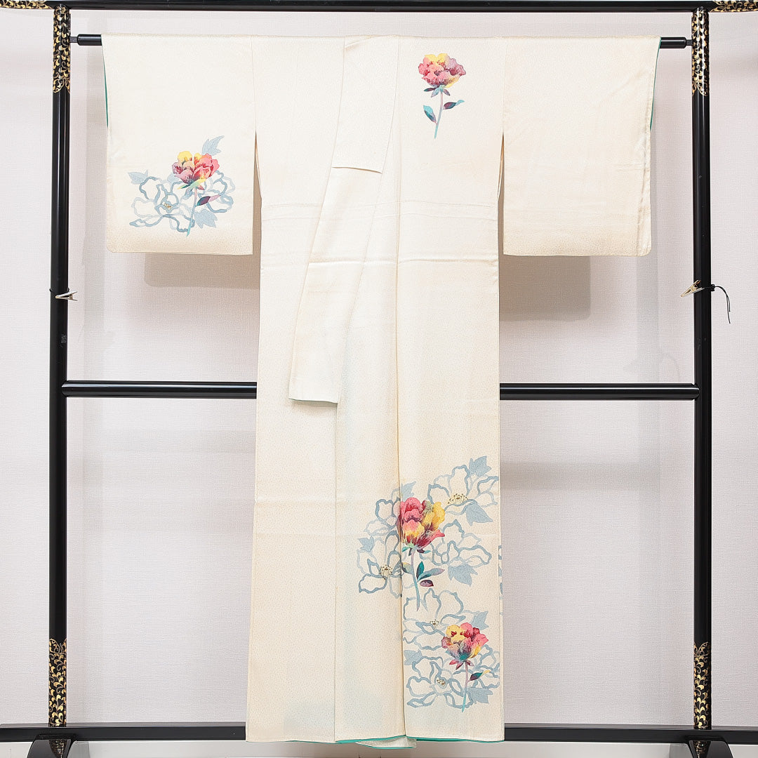 付下げ 袷 身丈153cm 裄丈65cm 正絹 Cランク インフォーマル 広衿 Sサイズ 牡丹 クリーム系 LP 1218-15339