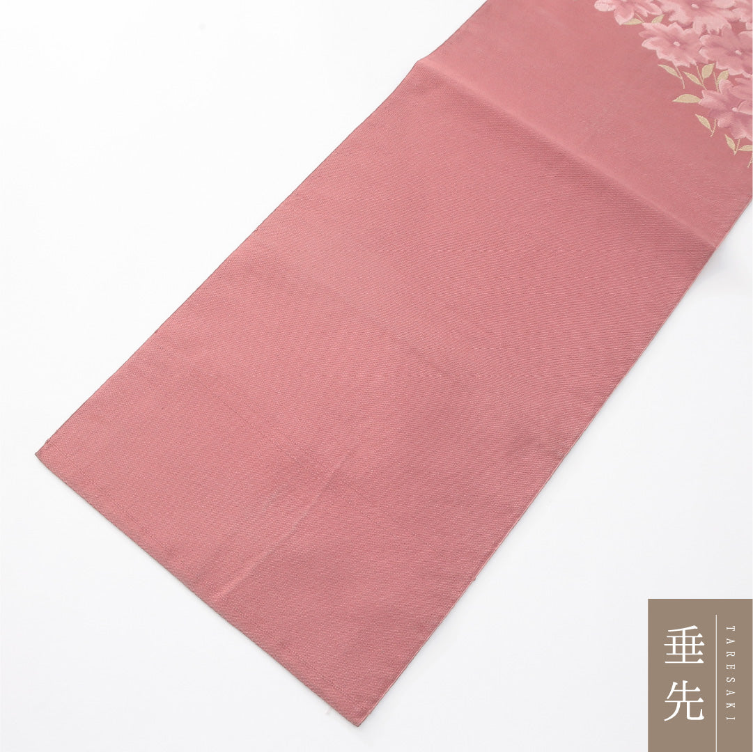 八寸名古屋帯 帯丈357cm カジュアル 松葉仕立て ポイント柄 Cランク 正絹 花柄 ピンク系 1224-04169