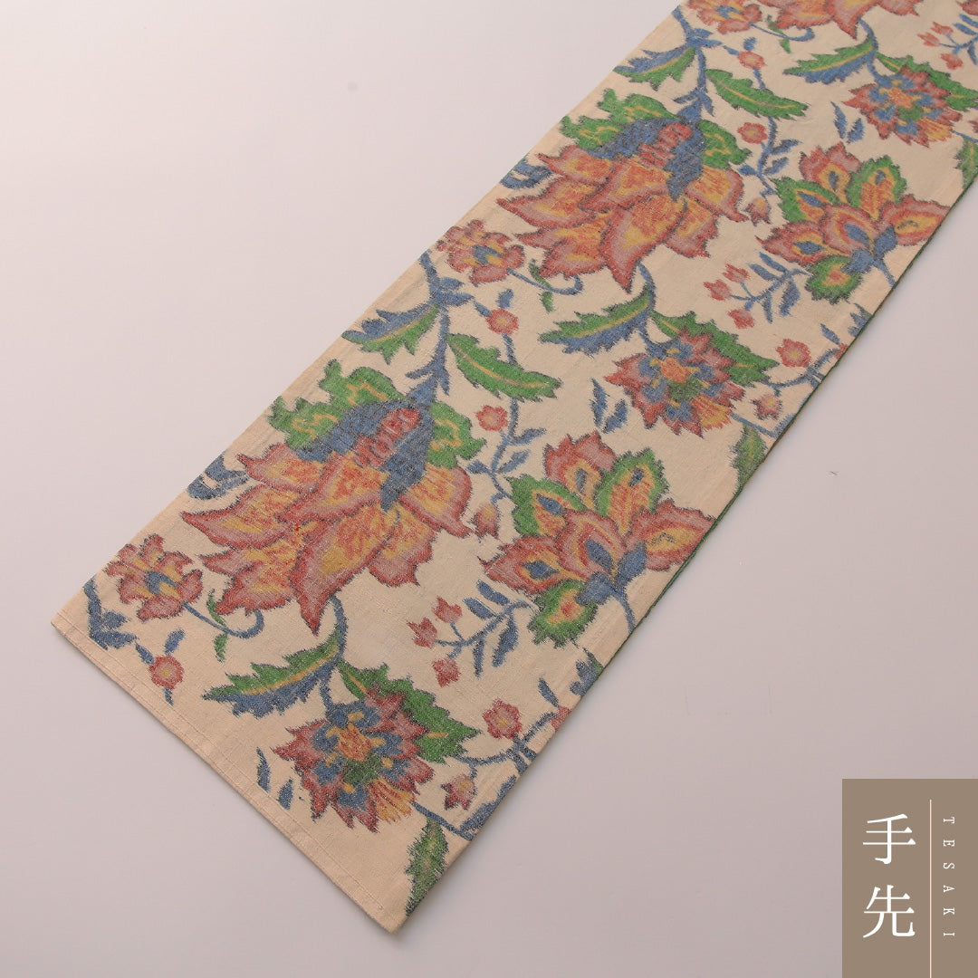 袋帯 帯丈428cm セミフォーマル 全通 Cランク 正絹 植物柄 クリーム系 1223-01882