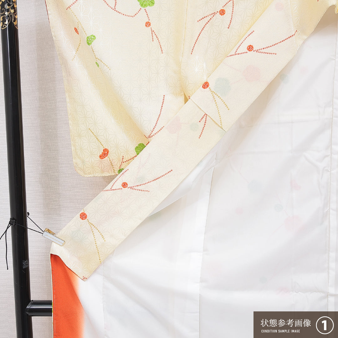 洗える着物 小紋 袷 身丈153cm 裄丈62cm ポリエステル Aランク インフォーマル 広衿 Sサイズ 麻の葉 梅 黄系 RP 1221-16348