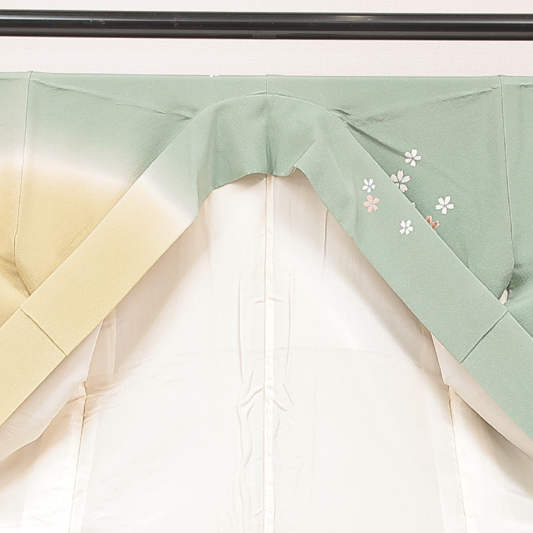 訪問着 袷 身丈159cm 裄丈65cm 正絹 Aランク Mサイズ 広衿 セミフォーマル 鶴 桜 緑系 1212-16892