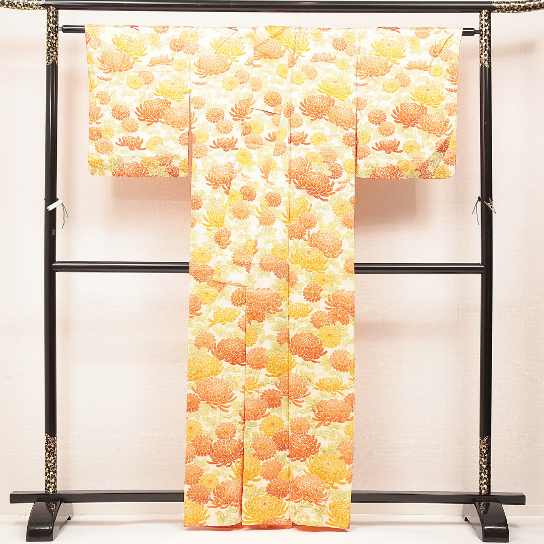 付下げ 洗える着物 袷 身丈161cm 裄丈65cm ポリエステル Aランク Lサイズ 広衿 インフォーマル 菊 小紋 クリーム系 1261-16876