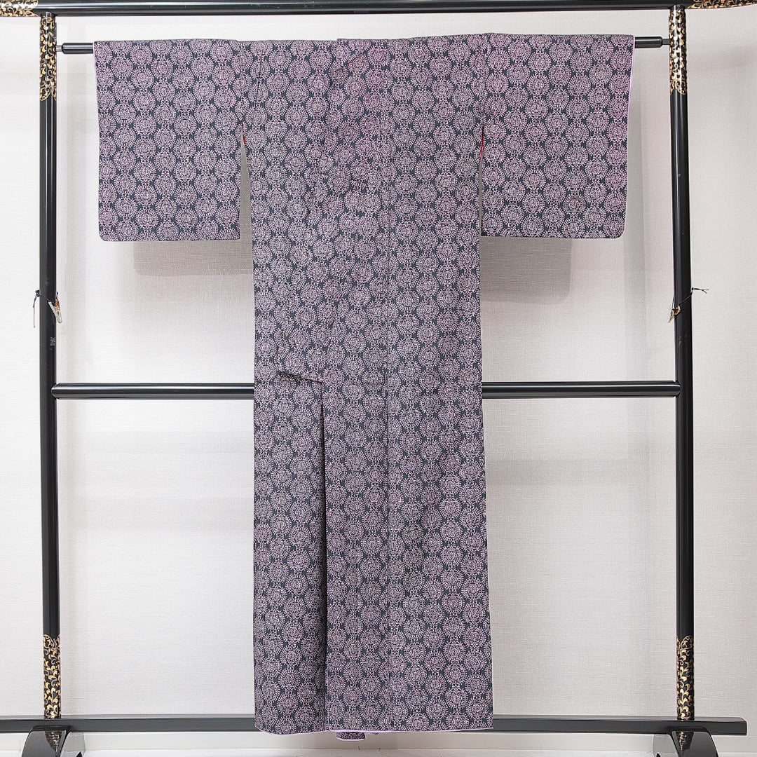 アンティーク 紬 袷 身丈153cm 裄丈62cm 正絹 Aランク バチ衿 Sサイズ 紺系 RP 1223-15222