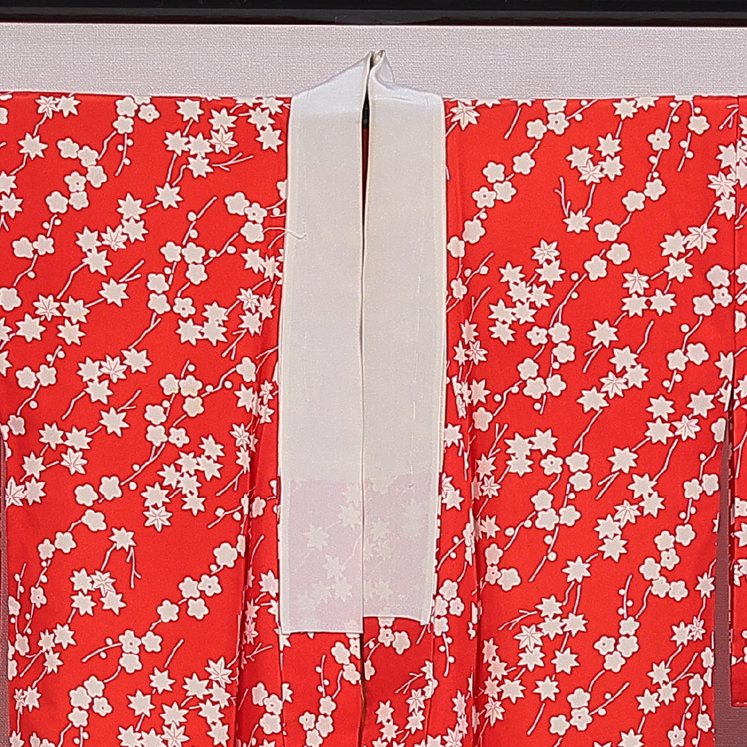 アンティーク 長襦袢 無双袖 身丈132cm 裄丈65cm 正絹 Cランク XLサイズ 梅 紅葉 赤系 M4 1239-16532