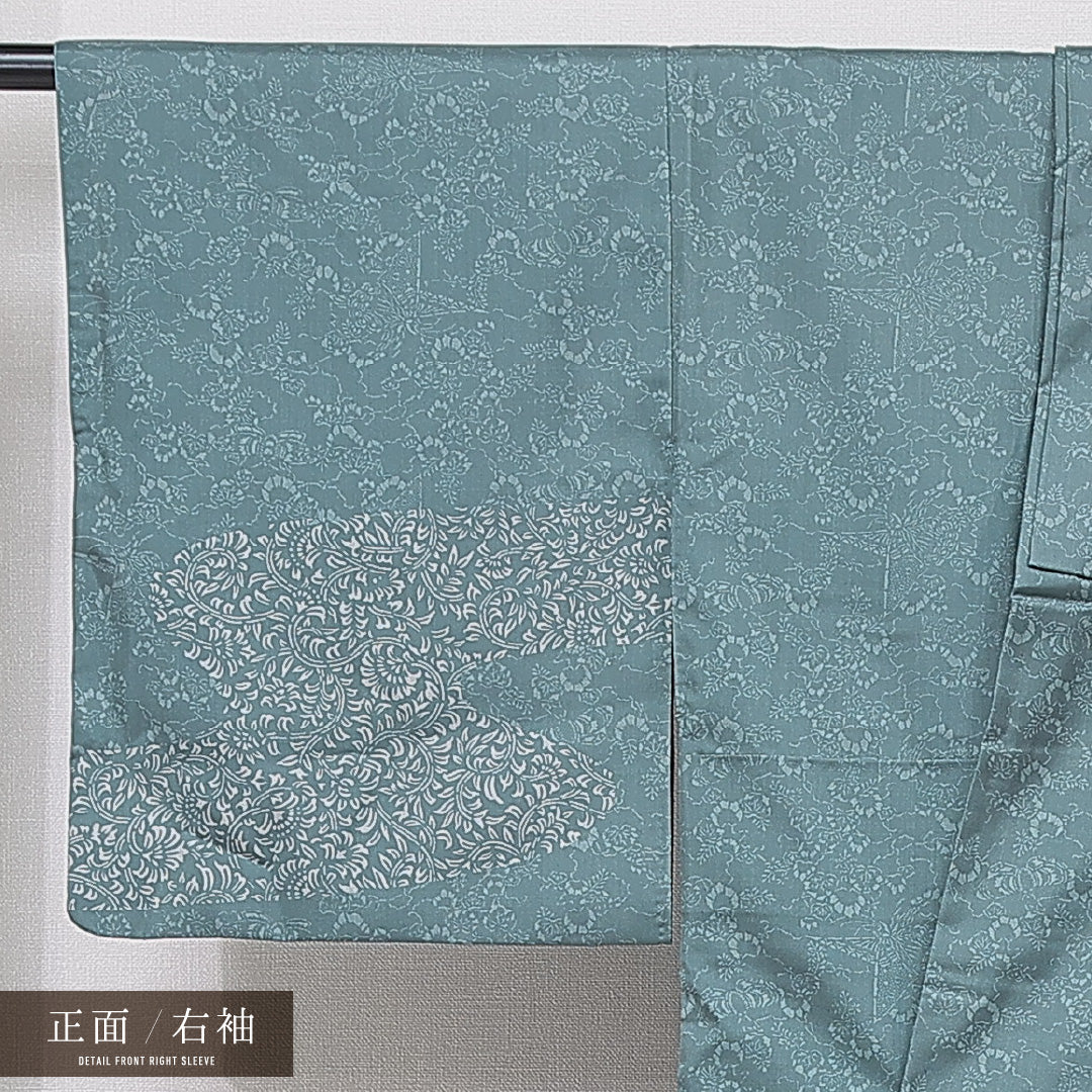 付下げ 袷 身丈158cm 裄丈65cm 正絹 Sランク インフォーマル 広衿 Mサイズ 染め紬 唐菊 青系 M4 1218-15611