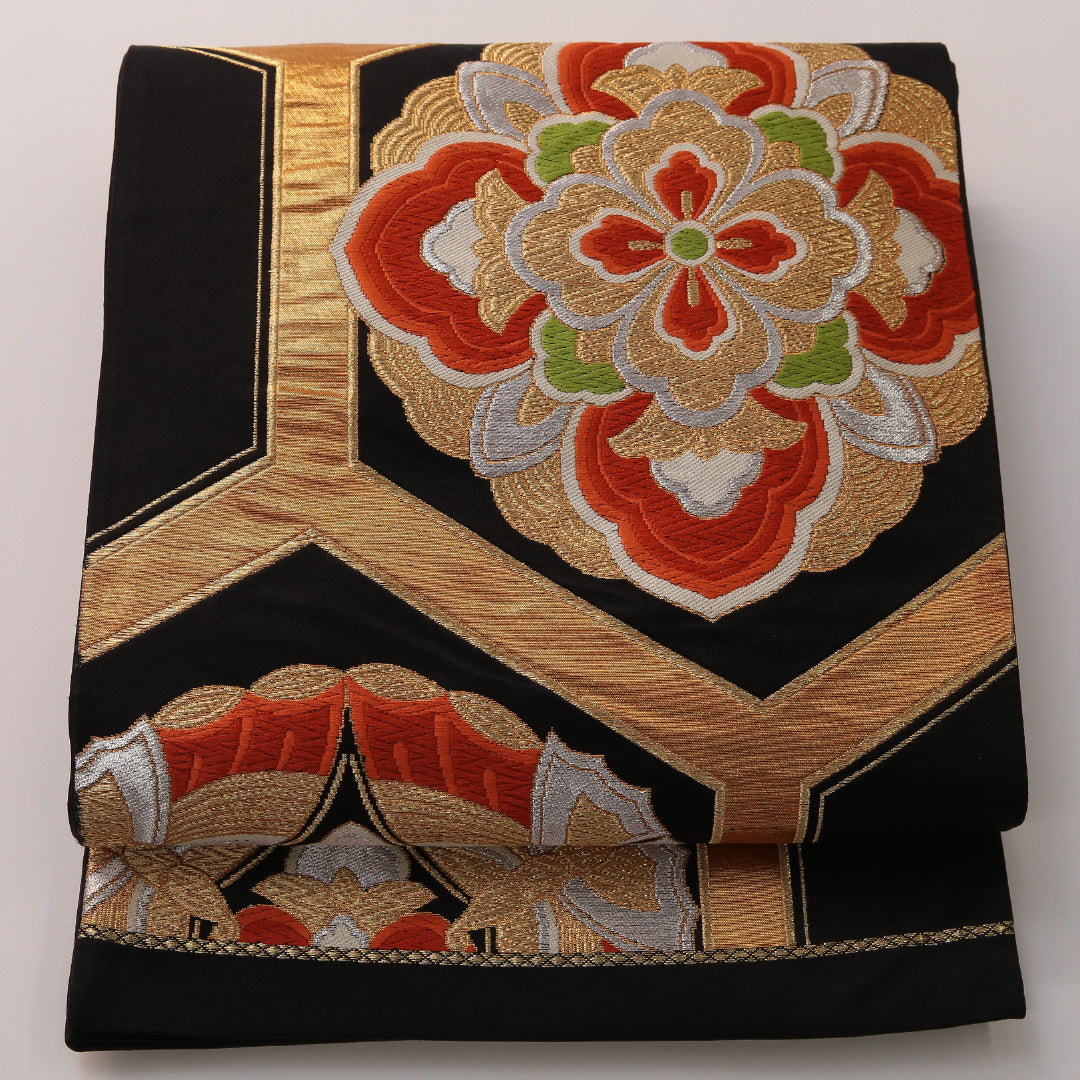 袋帯 帯丈418cm フォーマル 六通 Sランク 正絹 花菱 亀甲 黒系 金系 1223-01890