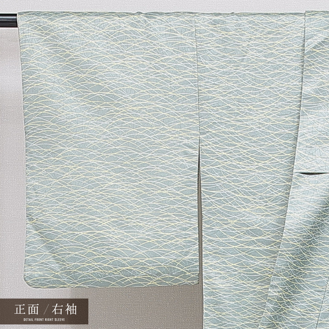 洗える着物 小紋 袷 身丈160cm 裄丈63cm ポリエステル Sランク インフォーマル 広衿 Lサイズ 芝草 緑系 RP 1221-16077