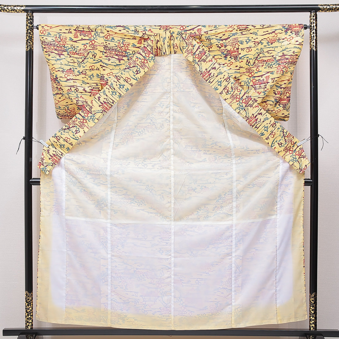 小紋 洗える着物 袷 身丈160cm 裄丈63cm ポリエステル Cランク Lサイズ 広衿 インフォーマル 楼閣 黄系 1215-15786