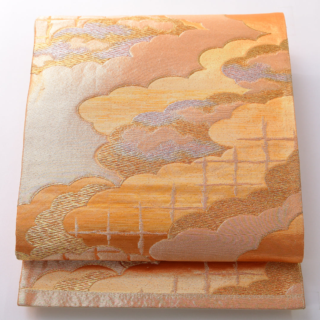 袋帯 帯丈400cm フォーマル 六通 Aランク 正絹 雲取り 金系 朱系 1223-02122