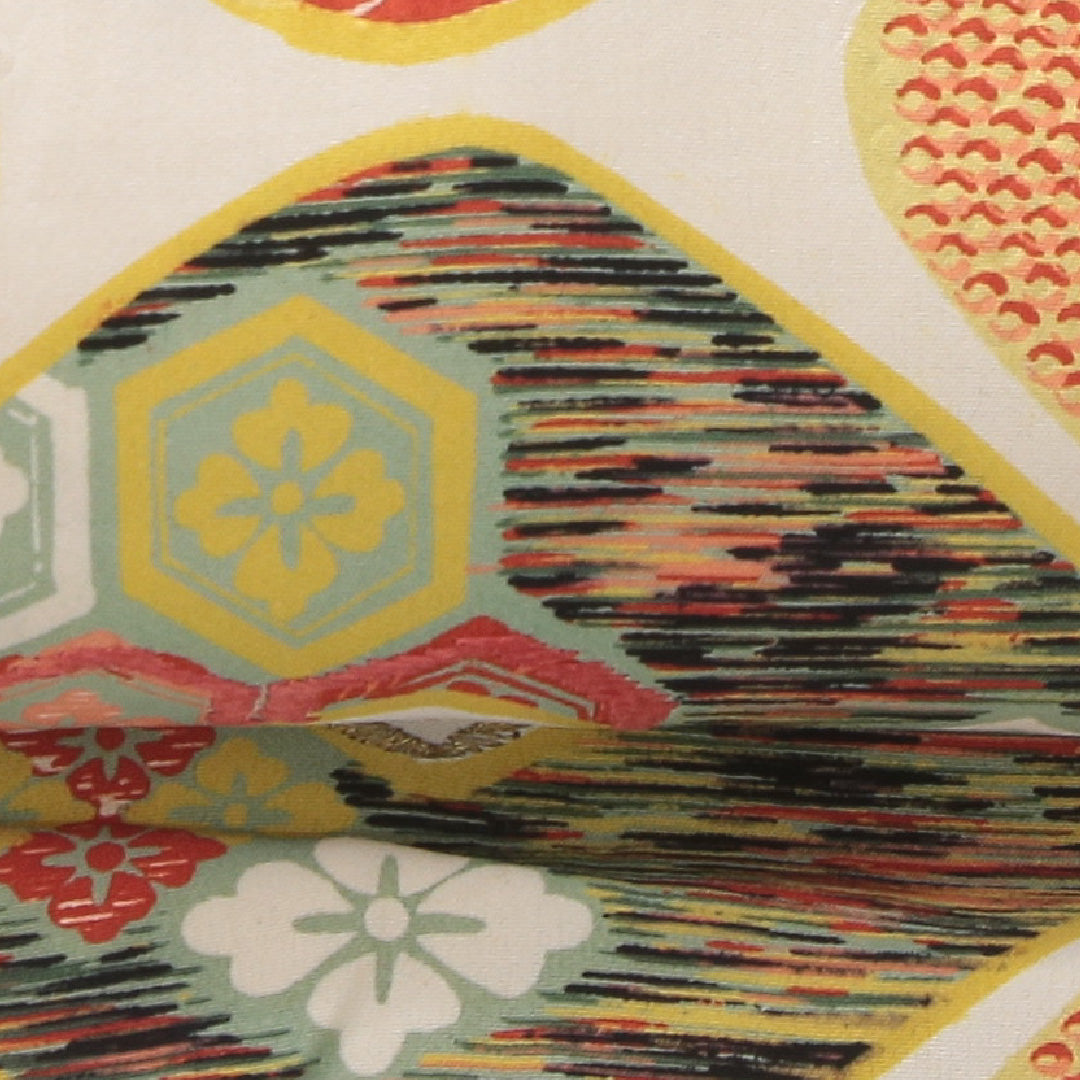 アンティーク 九寸名古屋帯 帯丈321cm 名古屋仕立て 全通 Aランク 正絹 染め帯 刺繍 花菱 橘 朱系 1224-03977