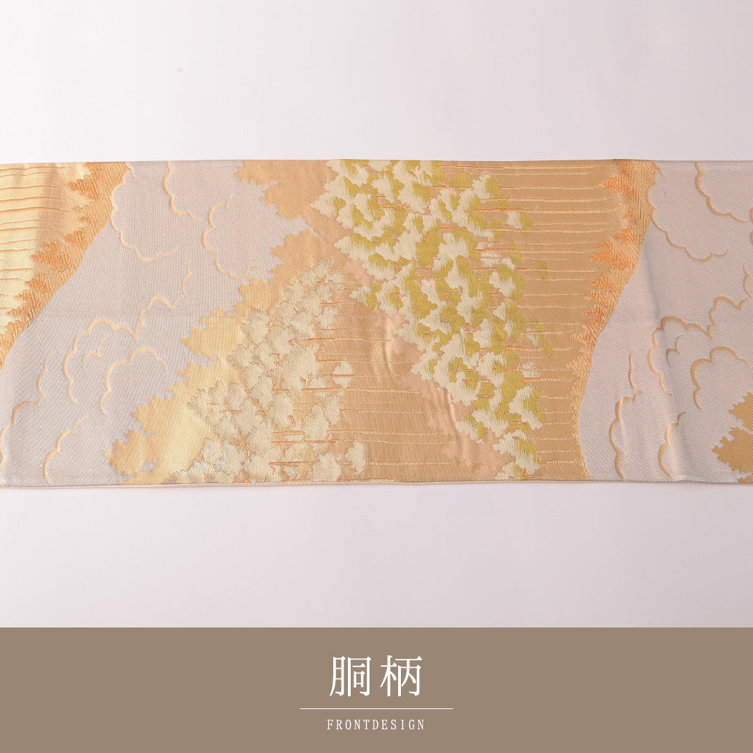 袋帯 帯丈424cm 正絹 六通 セミフォーマル 木立 金系 1243-01828