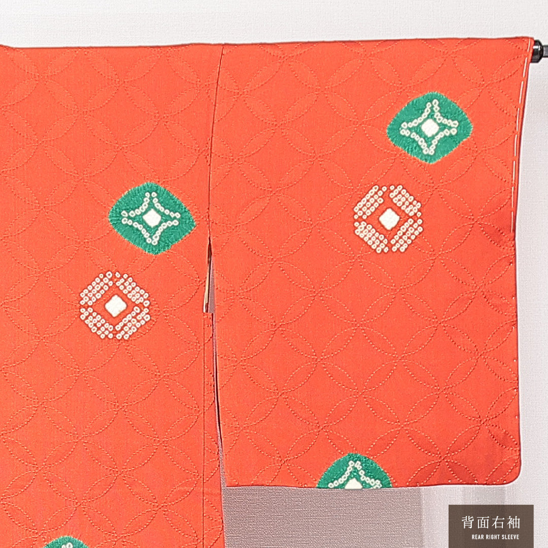 羽織 袷 身丈77cm 裄丈64cm 正絹 Sランク Mサイズ バチ衿 カジュアル 紐あり 鹿の子柄 七宝 朱系 1217-15138