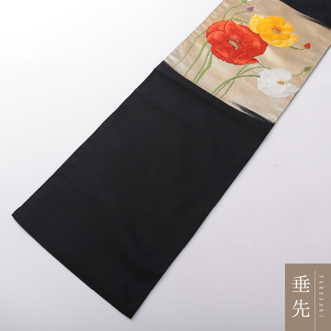 九寸名古屋帯 Sランク 帯丈363cm 正絹 ポイント柄 名古屋仕立て 織り インフォーマル 椿 黒系 RP 1245-03679