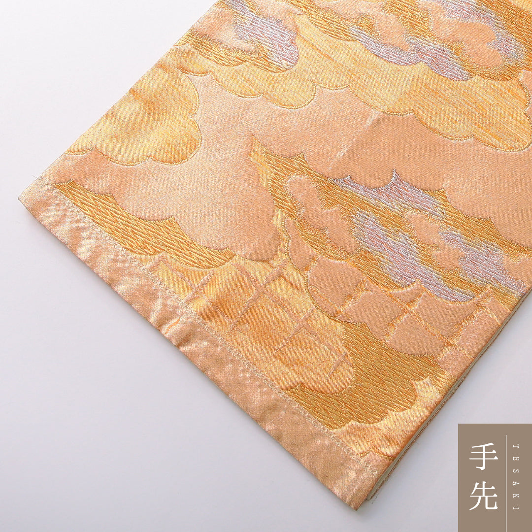 袋帯 帯丈400cm 正絹 六通 フォーマル 雲取り 吉祥文様 金系 朱系 1243-02122