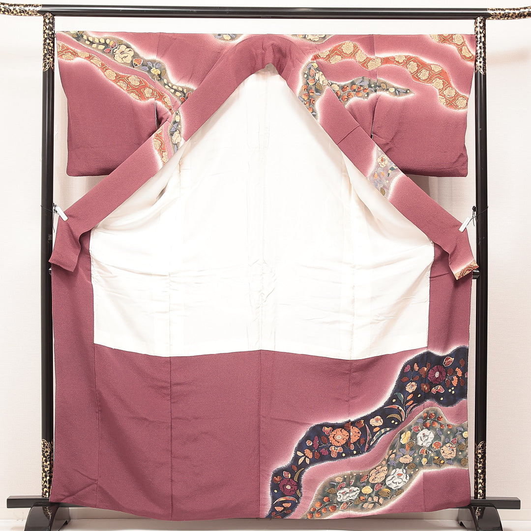 付下げ 袷 身丈165cm 裄丈66cm 正絹 Sランク XLサイズ 広衿 インフォーマル 花柄 ぼかし染 紫系 1261-16880