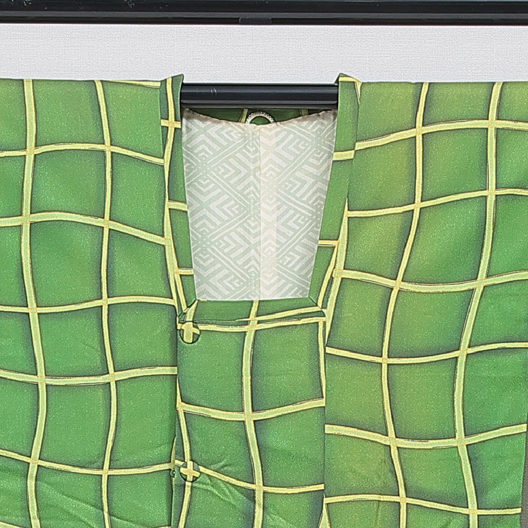 道行コート 洗える着物 袷 身丈81cm 裄丈65cm ポリエステル Aランク Mサイズ インフォーマル ポケットあり 格子 緑系 1263-16861