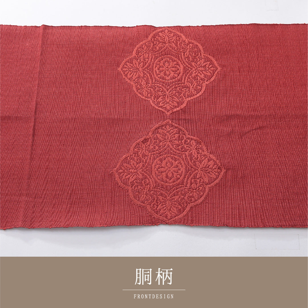 八寸名古屋帯（紬） 帯丈346cm カジュアル 開き仕立て ポイント柄 Sランク 正絹 鏡裏文 赤系 1224-03913