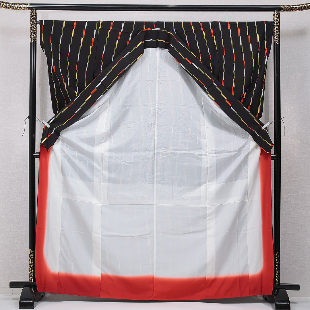 小紋 袷 身丈168cm 裄丈65cm 正絹 Sランク XLサイズ 広衿 インフォーマル 縞 黒系 多色系 1215-15485