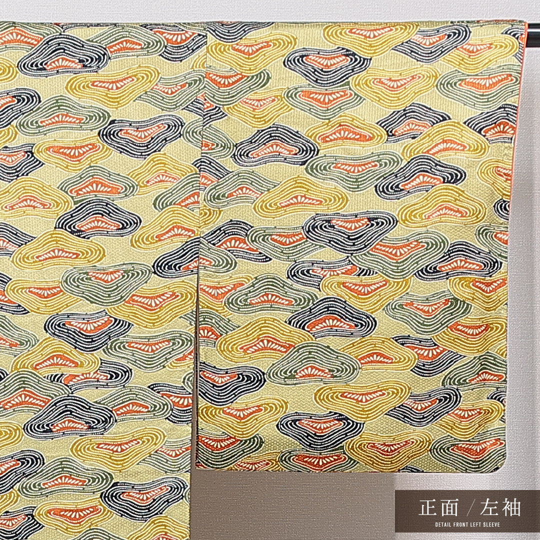 小紋 袷 身丈161cm 裄丈64cm 正絹 Sランク インフォーマル 広衿 Lサイズ 笠松 緑系 RP 1221-15589