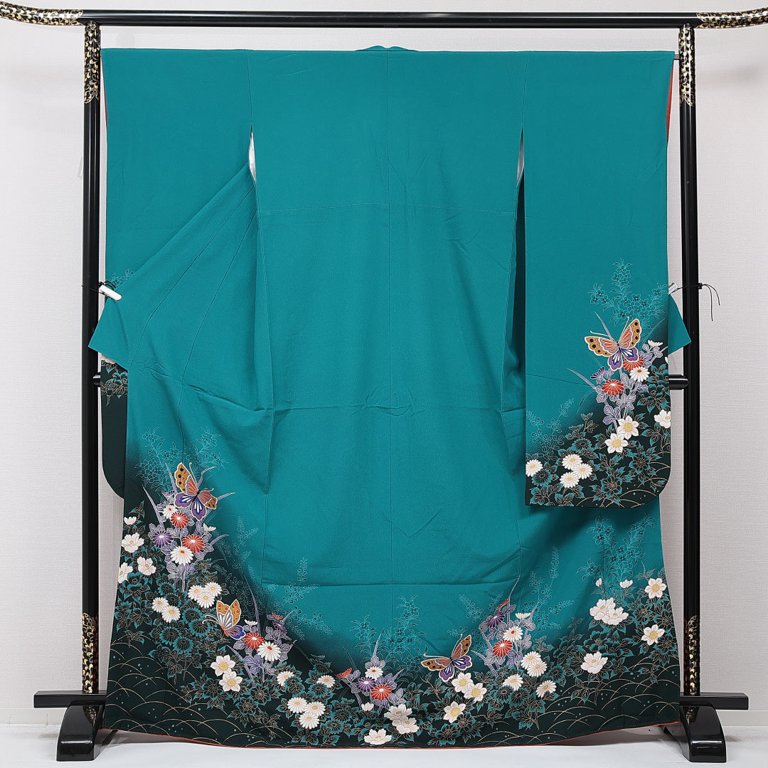 振袖 袷 身丈169cm 裄丈65cm フォーマル Aランク XLサイズ ポリエステル 洗える着物 広衿 蝶 菊 1213-F0717