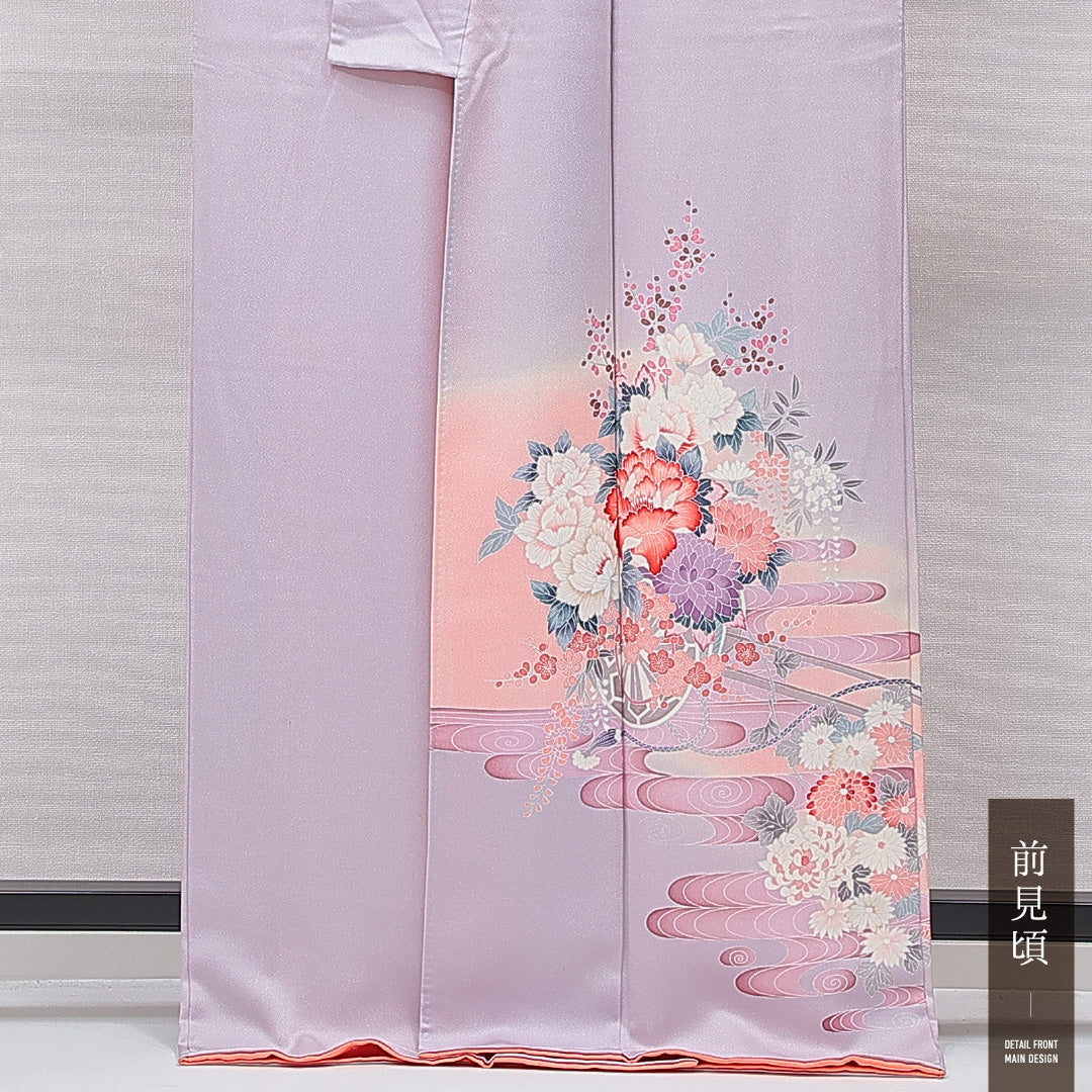 訪問着 袷 身丈167cm 裄丈61cm 正絹 Cランク セミフォーマル 広衿 XLサイズ 証紙 牡丹 紫系 LP 1217-15522
