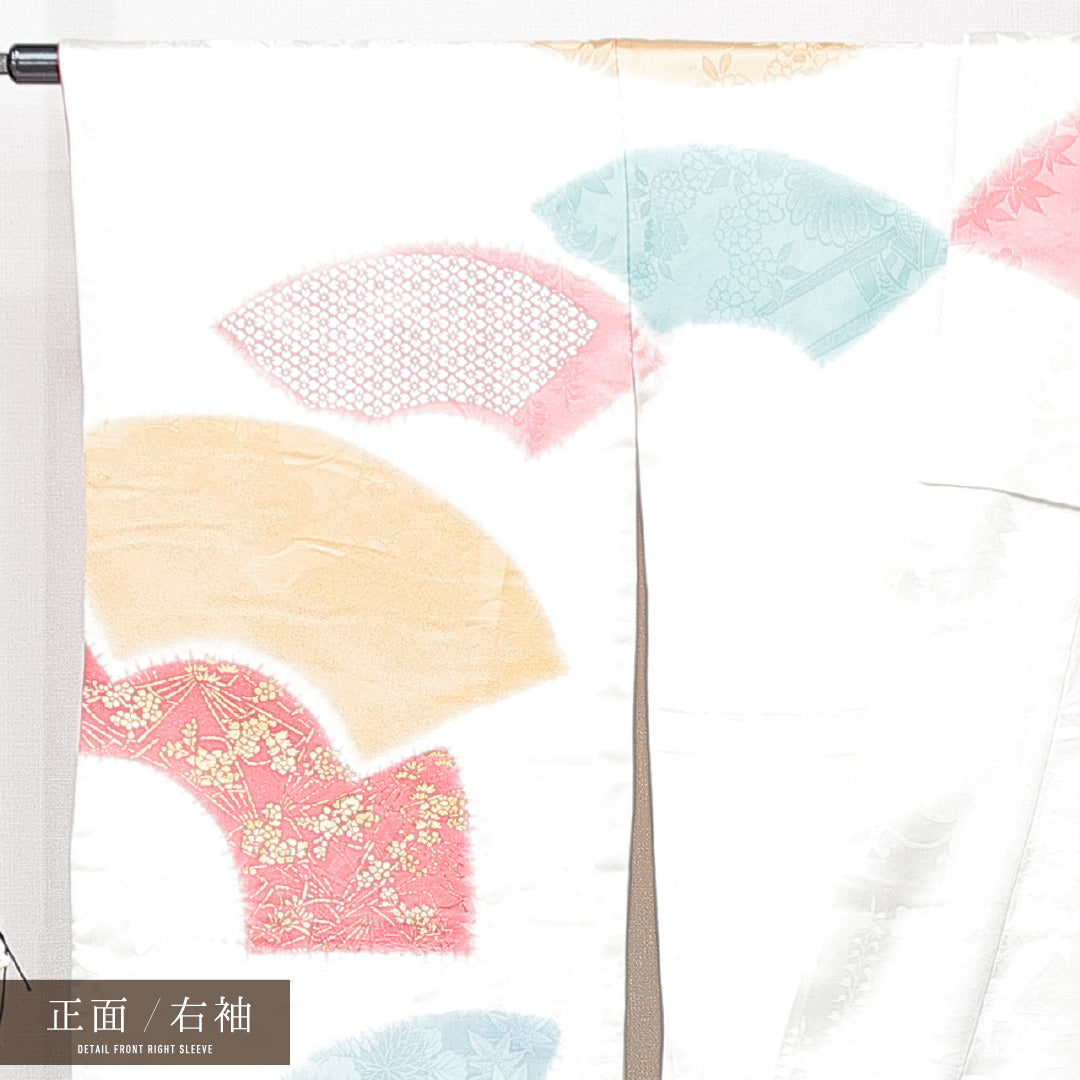 振袖 袷 身丈159cm 裄丈64cm フォーマル Cランク Mサイズ 正絹 広衿 扇 七宝 金駒刺繍 1213-F0704