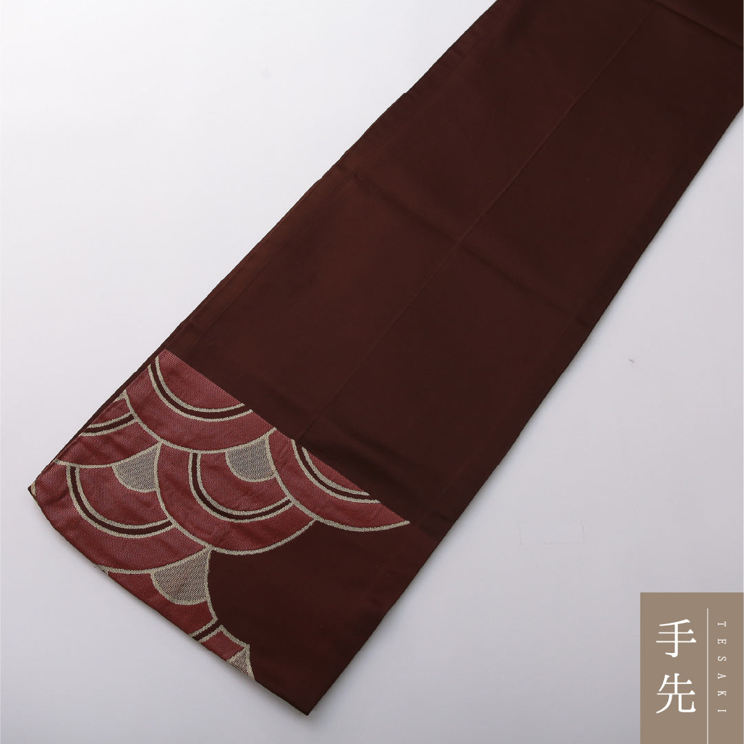 九寸名古屋帯 Cランク 帯丈352cm 正絹 六通 開き仕立て 織り インフォーマル 青海波 茶系 HP 1245-03364