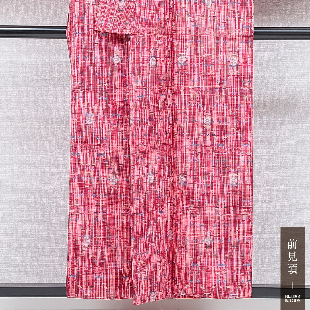 紬 袷 身丈153cm 裄丈64cm 正絹 Sランク Sサイズ 広衿 カジュアル 創作柄 ピンク系 1216-16663