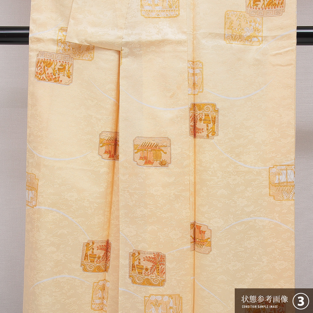 小紋 袷 身丈159cm 裄丈63cm 正絹 Bランク インフォーマル 広衿 Mサイズ 鹿 人物 朱系 RP 1221-16053