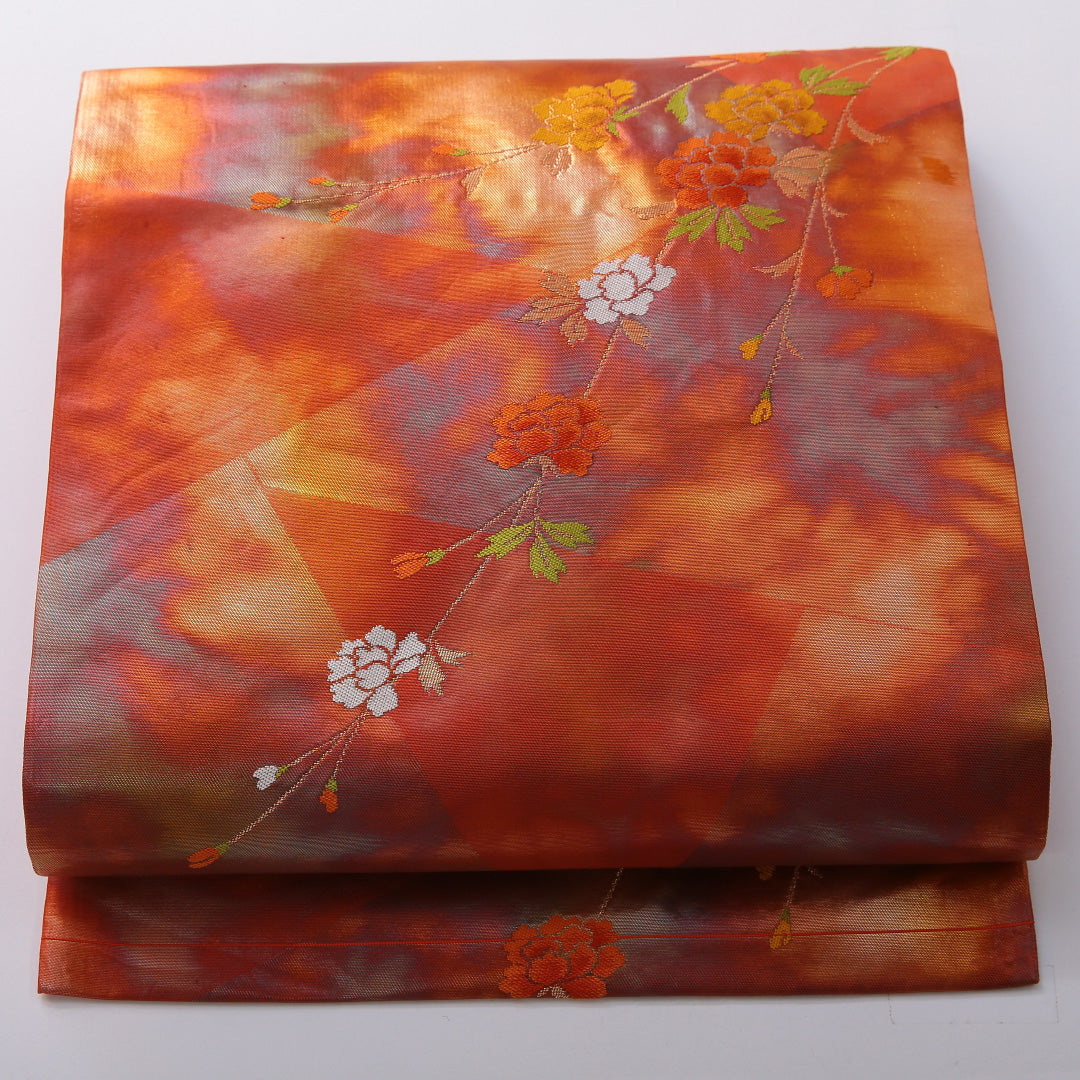 九寸名古屋帯 帯丈364cm インフォーマル 名古屋仕立て 六通 Dランク 正絹 牡丹 朱系 1224-03473