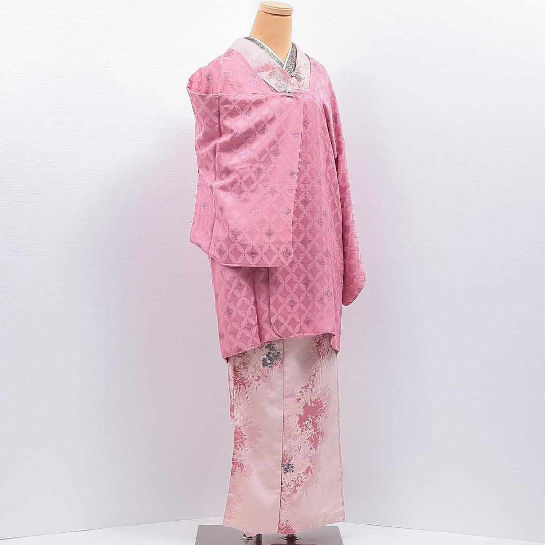 道行コート 袷 身丈87cm 裄丈64cm 正絹 Sランク Mサイズ フォーマル ポケットあり 織り出し 七宝 ピンク系 1263-16862