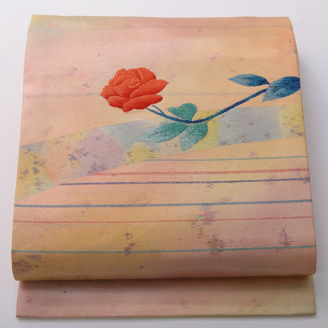 九寸名古屋帯 帯丈359cm カジュアル 名古屋仕立て ポイント柄 Cランク 正絹 綴れ織 薔薇 クリーム系 1224-03491