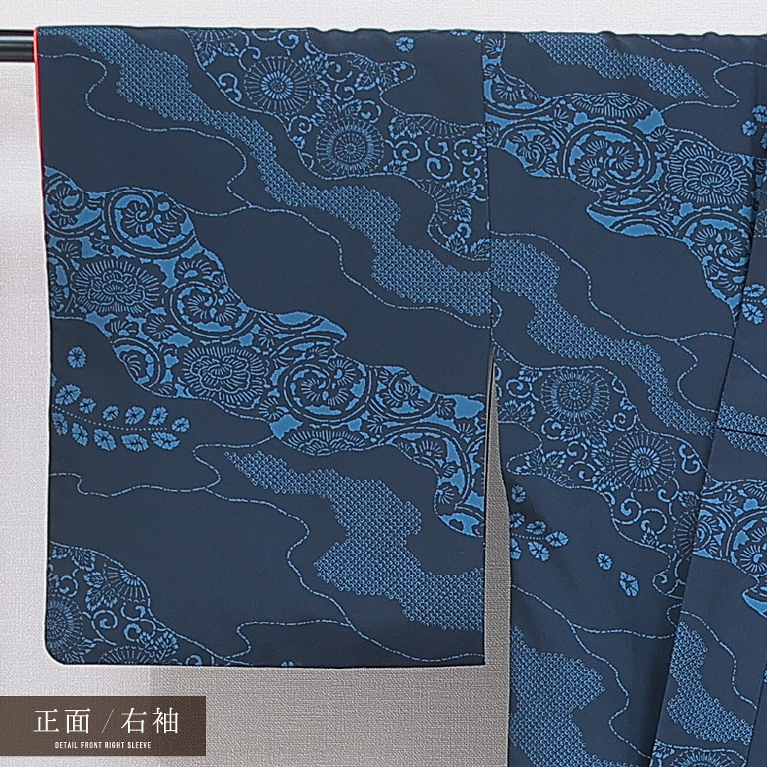 洗える着物 小紋 袷 身丈157cm 裄丈65cm ポリエステル Sランク インフォーマル バチ衿 Mサイズ 道長取り 唐菊 紺系 RP 1221-16291