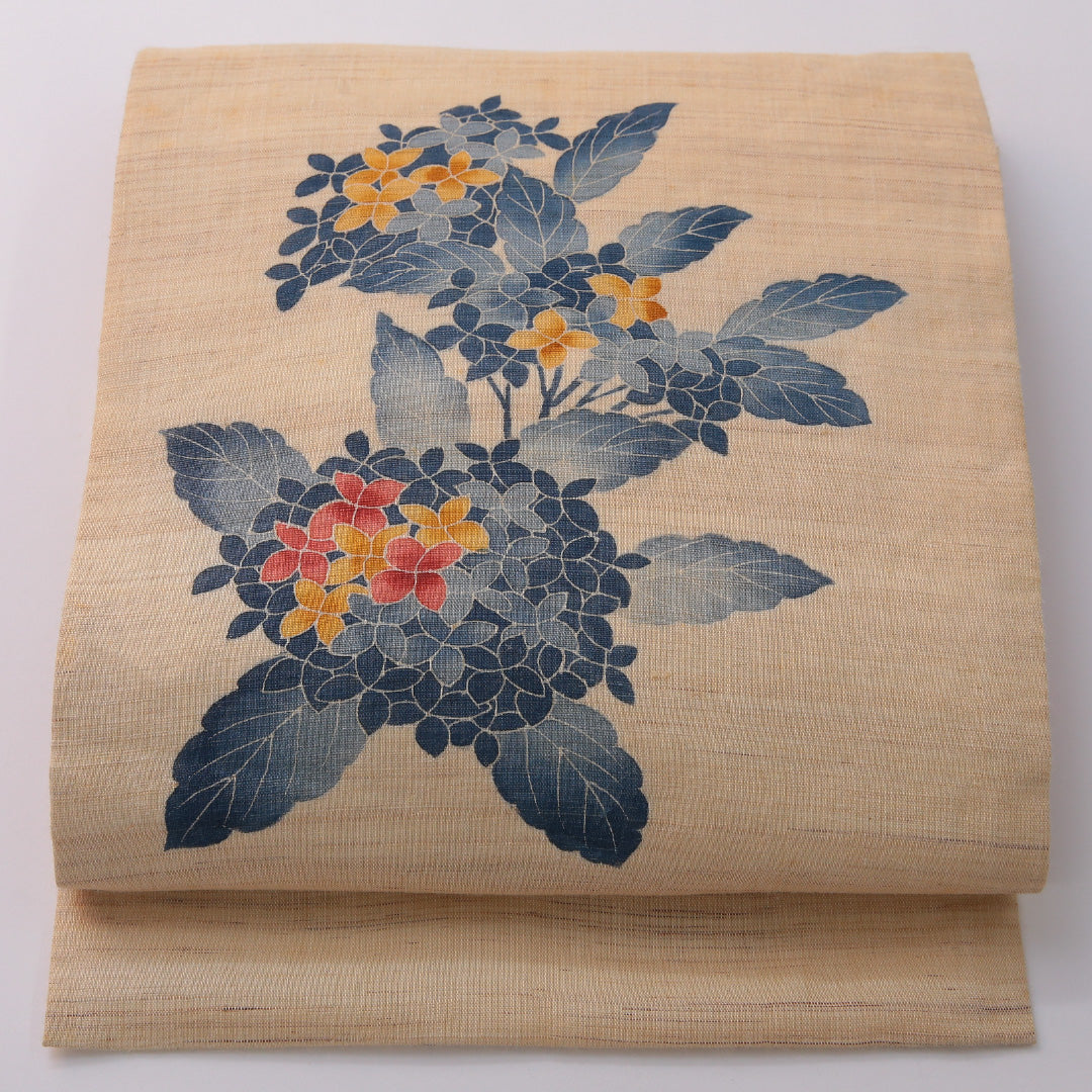 九寸名古屋帯（紬） 帯丈381cm カジュアル 名古屋仕立て ポイント柄 Cランク 正絹 紫陽花 クリーム系 1224-03255