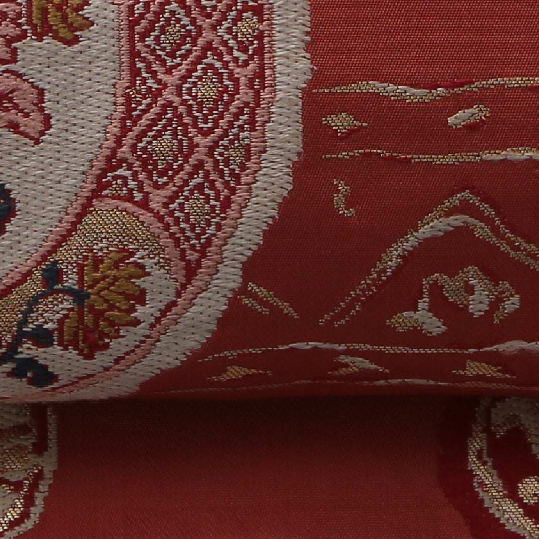 アンティーク 九寸名古屋帯 Aランク 帯丈333cm 正絹 六通 名古屋仕立て 織り 鏡裏文 孔雀 朱系 RP 1245-03345