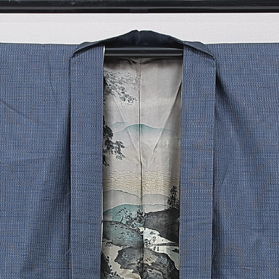 羽織 男性用 袷 身丈89cm 裄丈68cm 正絹 Cランク カジュアル Mサイズ 亀甲 青系 LP 1235-15774
