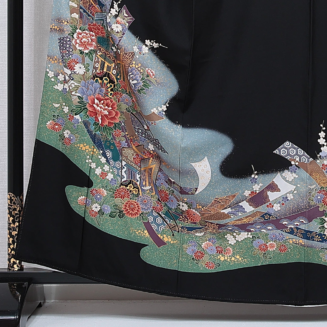 黒留袖 袷 身丈161cm 裄丈66cm 五つ紋 五三桐 フォーマル Sランク Lサイズ 正絹 比翼仕立て 広衿 花車 七宝 梅 1211-F0764